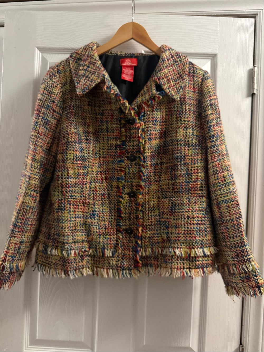 Oscar De La Renta Multi-color Fringe Tweed Blazer Boho Wool Size 14
